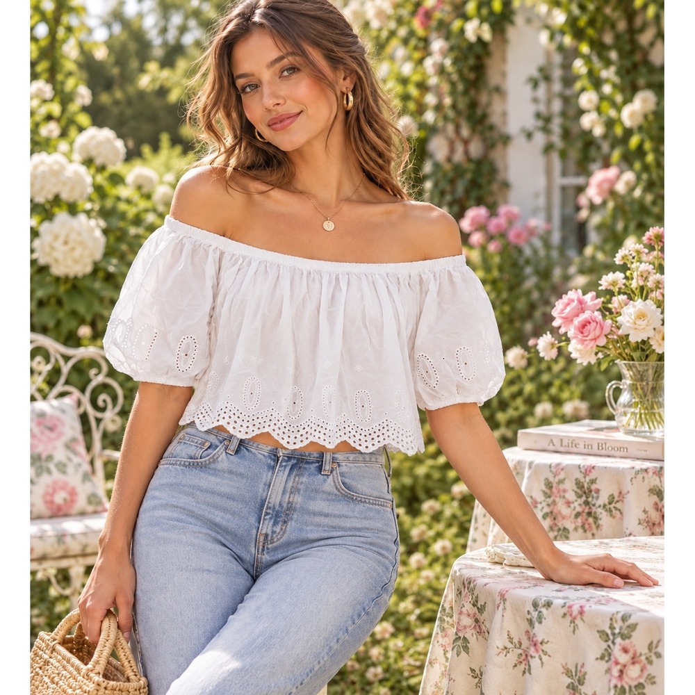 Loft Womens White Eyelet Off The Shoulder Puff Sleeve Cotton Blouse Size S